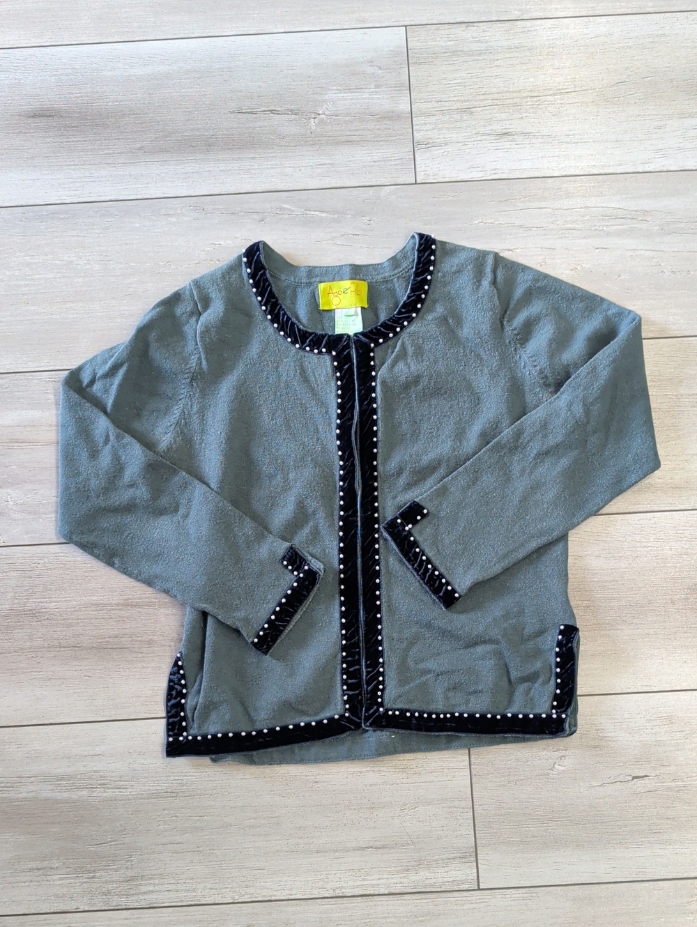 Gray Cardigan with Black Velvet Trim and Studs